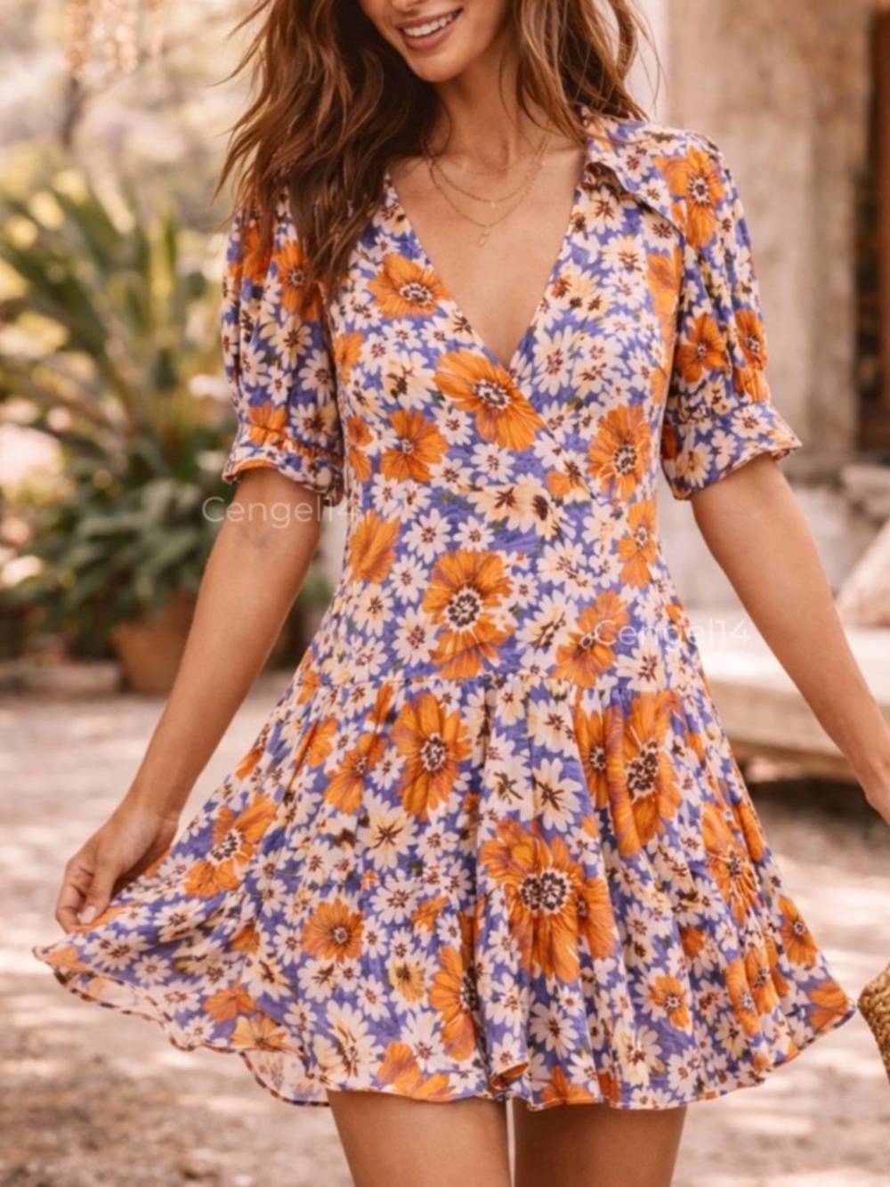 Free People Cobalt Combo Floral Boho Mini Dress Puff Sleeve XS NWOT